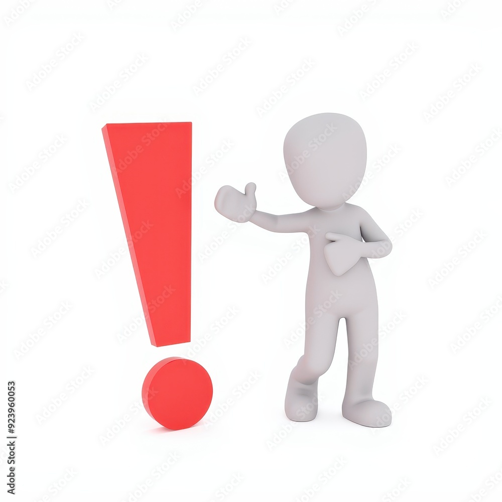 Poster 3d human-like figure with a large red exclamation mark on a white background, gesturing enthusiastic