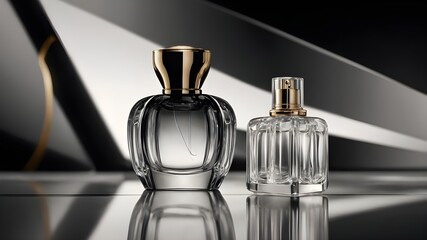 Elegant black and white stylized glass perfume bottle 3d realistic vector scene illustratio with background 