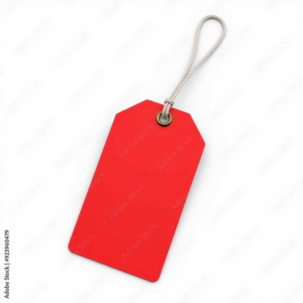 Poster bright red blank price tag with a string isolated on a white background.
