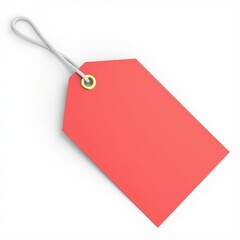 A bright red price tag with a white string, isolated on a white background.