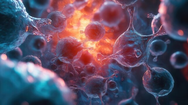 A stunning digital portrayal of colorful cells in an abstract microscopic world