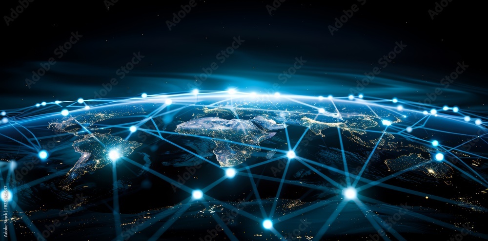 Wall mural global network connectivity on digital world map a digital representation of a world map with glowin
