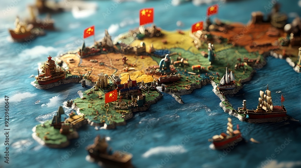 Poster majority of global trade routes dominated by chinese flags on 3d world map