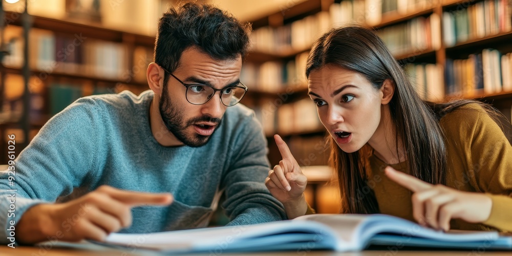 Aufkleber Two educators in a close-up shot reviewing textbooks together in a library their faces showing intense focus and hands pointing at specific pages
