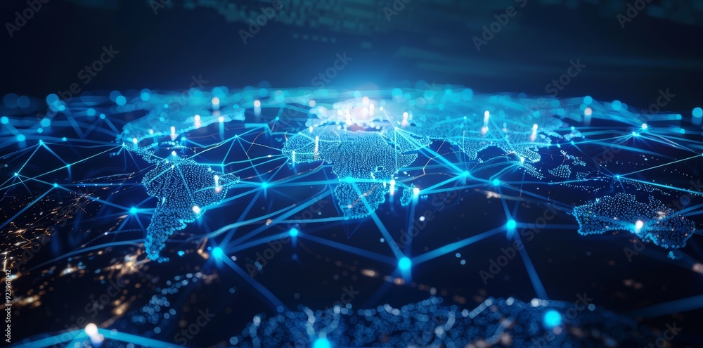 Wall mural global network connectivity on digital world map a digital representation of a world map with glowin