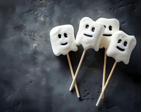 white ghost shaped marshmallows on sticks. The marshmallows are decorated with black eyes and mouths