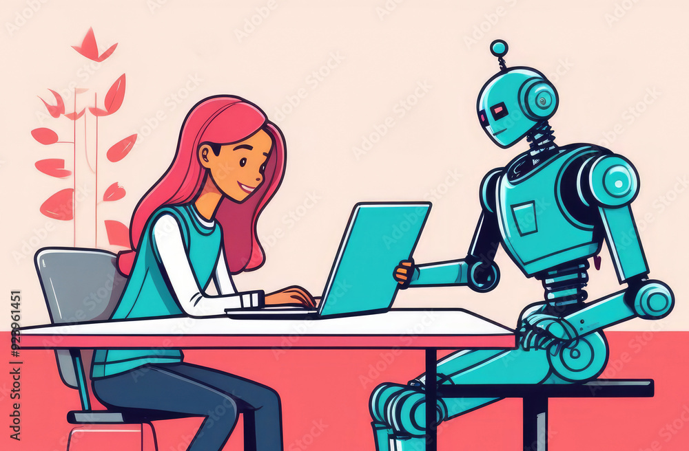 Aufkleber girl coding on laptop aided by robotic assistant. future tech and ai-driven learning illustration