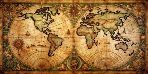 A Vintage World Map Depicting the Continents with Compass Roses and a Sun Compass in a Worn Paper Texture, vintage map, antique map, world map, compass rose