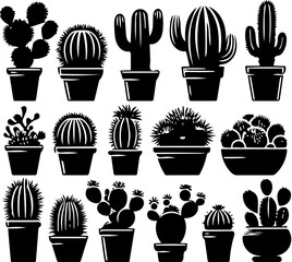Silhouette Set of Various Cacti, Desert Plant Illustrations, Minimalistic Cactus Designs for Wall Art, Home Decor, Greeting Cards, Tattoo Ideas, Nature-Themed Graphic Elements, Digital Prints