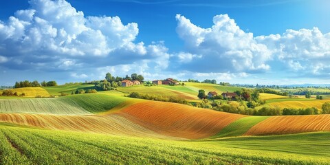Obraz premium A rolling countryside landscape with patchwork fields, quaint farmhouses, and a bright blue sky dotted with fluffy clouds