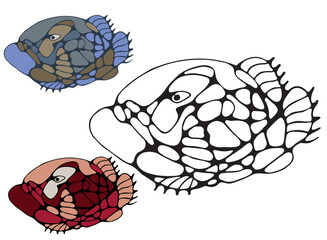 Set of three scary fish in different colors. Outline coloring of fish in doodle style