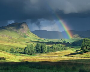 Obraz premium Scotland Rainbow. Stunning Landscape with Vibrant Rainbow in the Sky