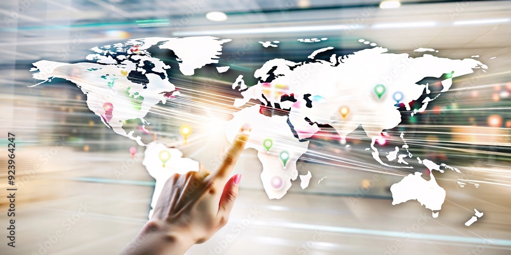 Poster a hand reaches out to a stylized world map with glowing points and connecting lines, representing gl