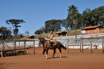 mulher andar de cavalo em fazenda 
