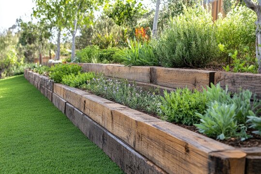 Wood Retaining Wall. Detail of Pressure Treated Structural Pine Sleeper Wall in Fresh Garden Setting