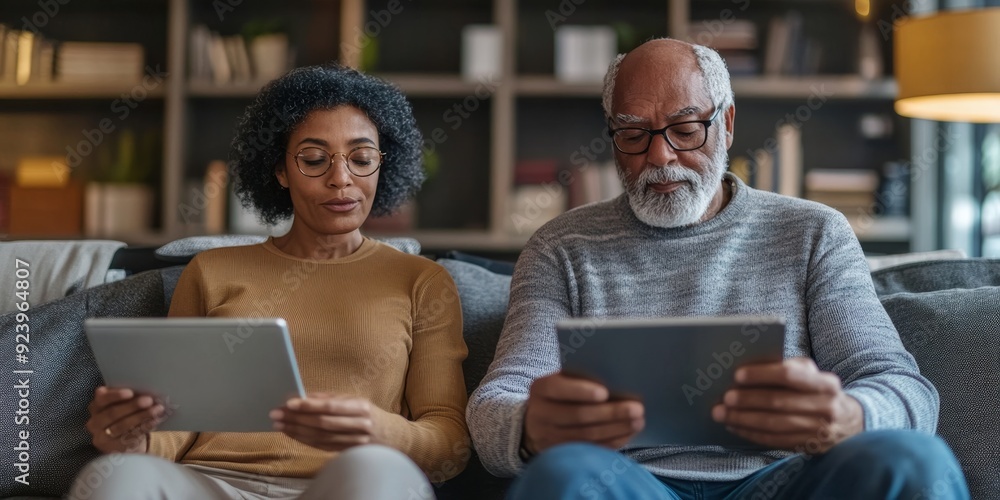 Poster two adults sitting on a couch with tablets in hand, learning a new language together with focus and 