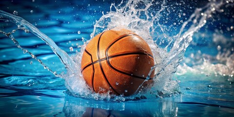 Obraz premium Basketball Splashing in Blue Water, basketball, water splash, sport, swimming pool