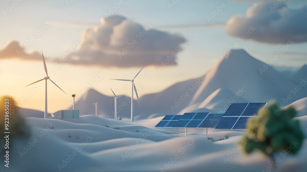 Aufkleber renewable energy concept with wind turbines and solar panels in 3d rendering
