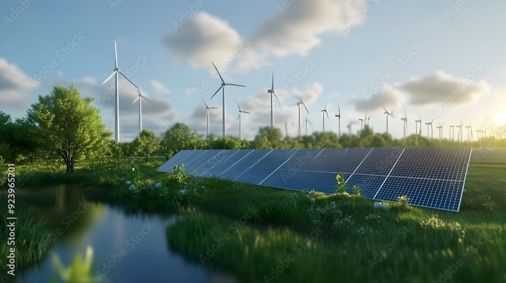 Poster Renewable Energy Concept with Wind Turbines and Solar Panels in 3D Rendering