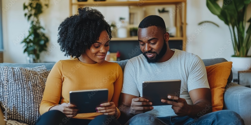 Poster Two adults sitting on a couch with tablets in hand, learning a new language together with focus and determination shared learning journey