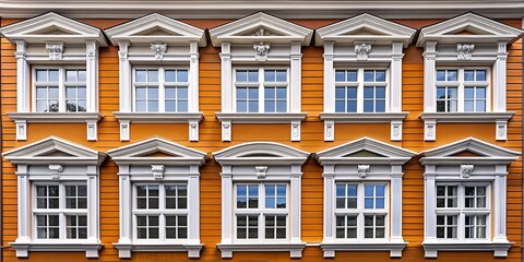 Fototapeta premium Ornate Traditional Wooden Windows on Decorated Facade. Embrace the intricate beauty of classical architecture, where each ornamental detail contributes to a harmonious whole.