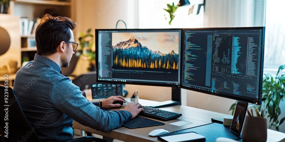 Poster a pair of professionals engaged in an online mba course in a sleek home office with large monitors a