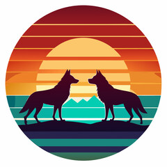 wolves retro sunset design template design vector illustration
