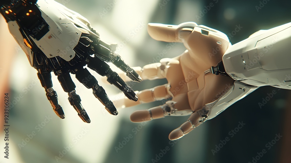 Poster robotic arm reaching to connect with human hand in futuristic digital interaction