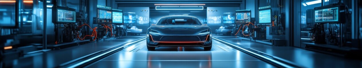 Obraz premium Future Robotics and Automation at an Electric Car Manufacturing Plant, Embracing Advanced Technology for Production Efficiency and Statistics