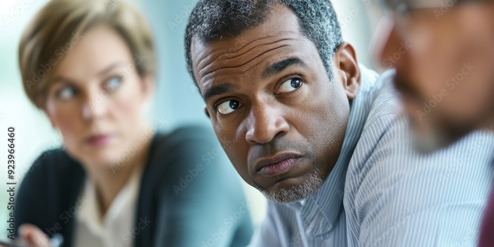 Poster A close-up of three educators in a staff meeting intensely discussing policy changes their expressions showing deep thought and concern