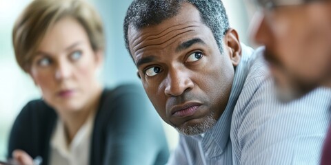 Obraz premium A close-up of three educators in a staff meeting intensely discussing policy changes their expressions showing deep thought and concern