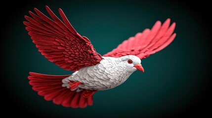 Fototapeta premium A beautifully crafted red and white bird in mid-flight, showcasing intricate details and vibrant colors against a dark background.