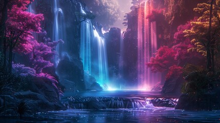 Ethereal Neon Waterfalls: Waterfalls glowing with neon colors, flowing through a tranquil landscape.