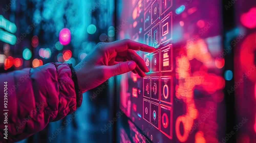 Poster a close-up of a hand interacting with a digital screen, vibrant colors and illuminated buttons refle