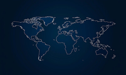 A blue and white map of the world with a black outline. The map is drawn in a way that it looks like a computer generated image