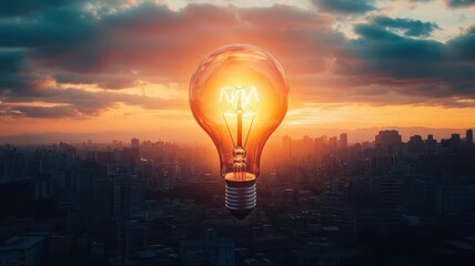 Hot air balloon shaped like a lightbulb, floating over a cityscape at dusk, bright idea, urban exploration