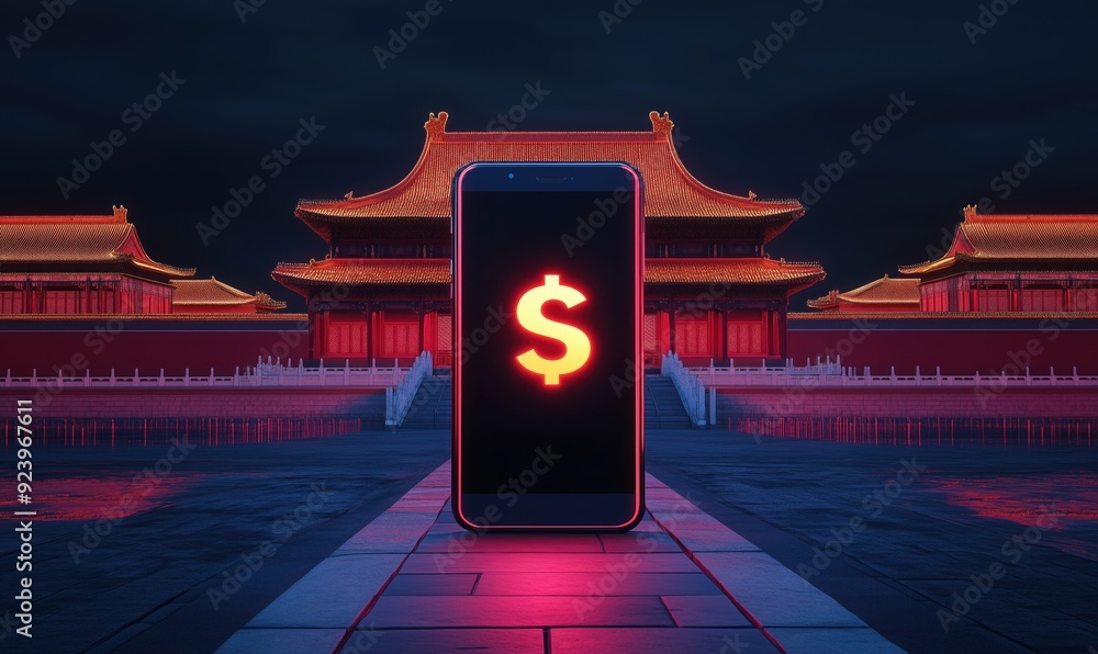 Poster a cell phone with a dollar sign on it is in front of a building. the image has a dark mood and a sen