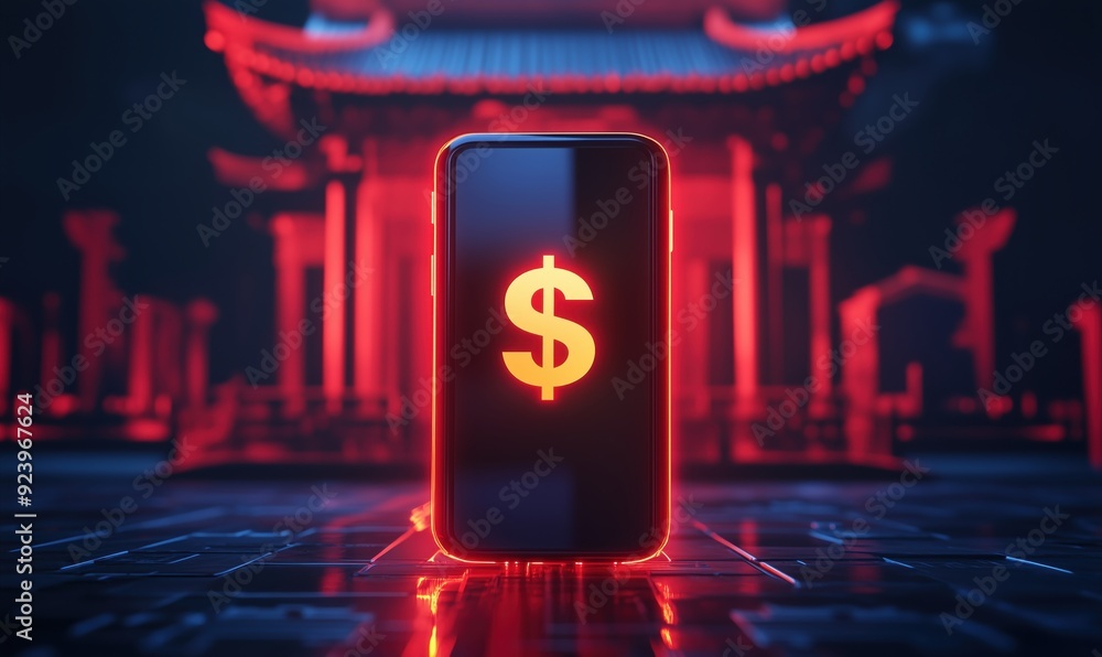 Poster a cell phone with a dollar sign on it is lit up in a red background. concept of wealth and prosperit