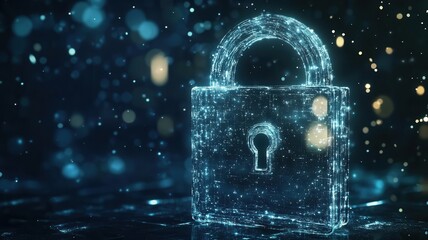 Glass lock with floating light particles inside, futuristic data protection concept