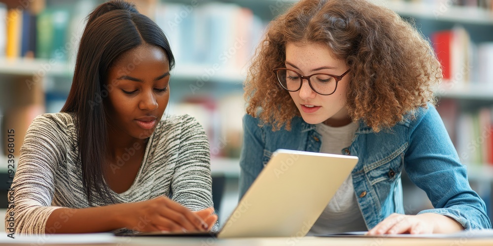 Poster a close-up of two teachers reviewing lesson plans on a tablet in a modern school office their faces 