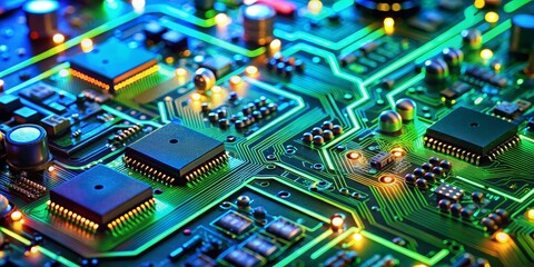 Obraz premium Circuitry Glow Close-Up of a Green and Blue Motherboard with Luminous Traces and Components, electronics, technology, hardware, circuits