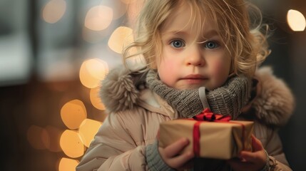 A blond boy in a winter coat holding a gift box happily on the day of the celebration, an important holiday event