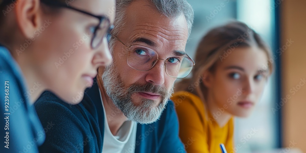 Aufkleber Three educators in a close-up image working together on a curriculum update in a school conference room their faces reflecting deep concentration