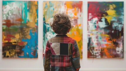 Obraz premium A young child happily watches and observes the bright abstract images in the art gallery.