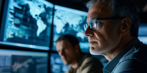 A close-up of two cyber security experts monitoring network activity on multiple screens in a high-tech operations center their focused faces reflecting intensity