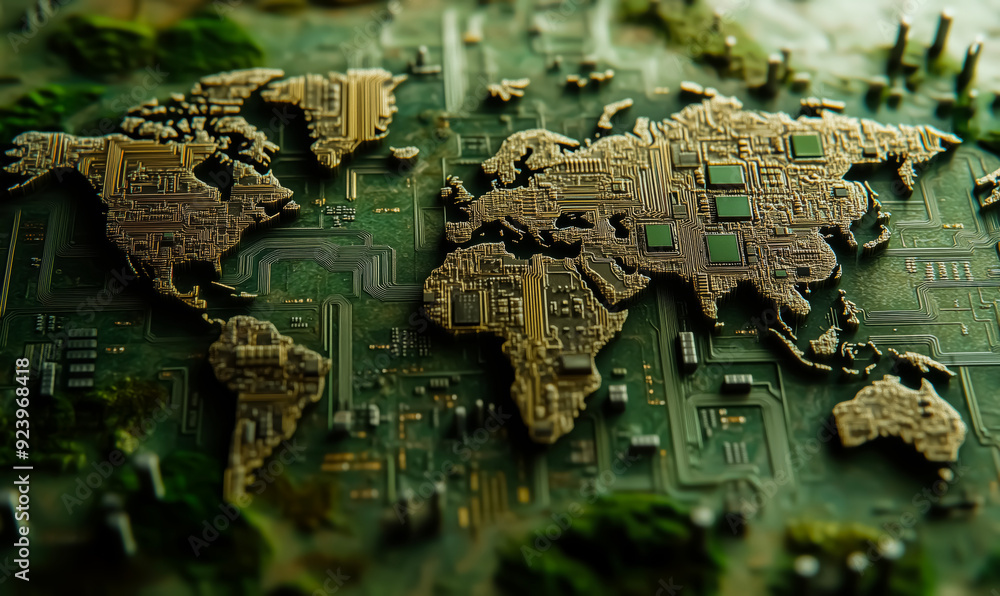 Poster a computer chip is used to create a map of the world. the map is made up of many small squares, each