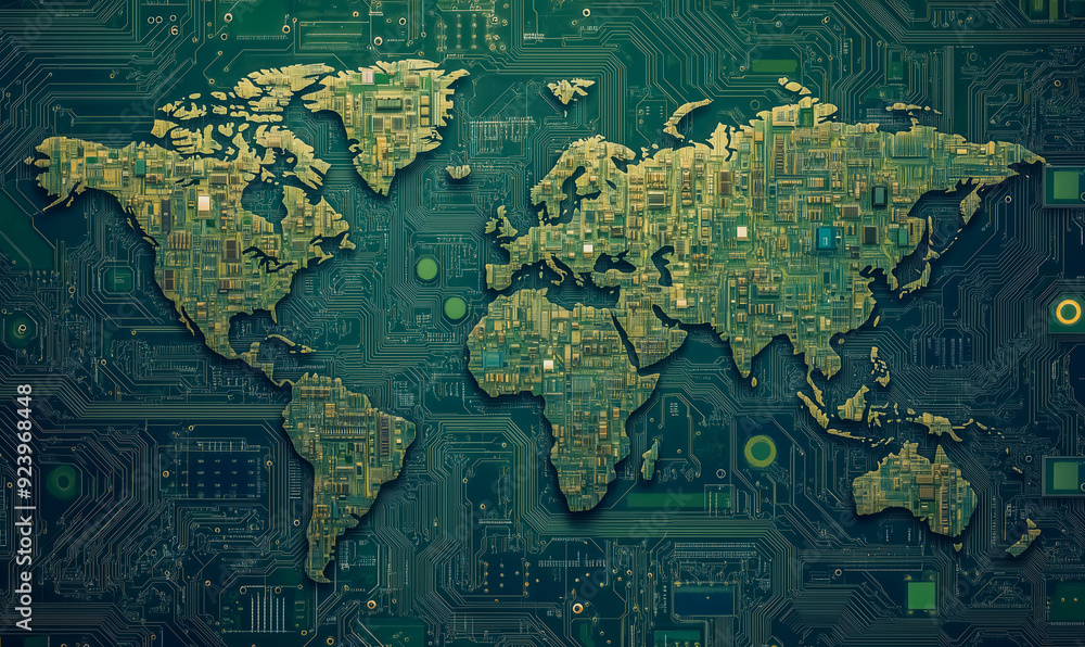 Poster a computer chip with a map of the world on it. the map is made up of computer chips and is very deta