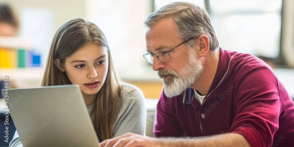 Poster two educators in a close-up shot reviewing data on a laptop in a bright school office their faces sh