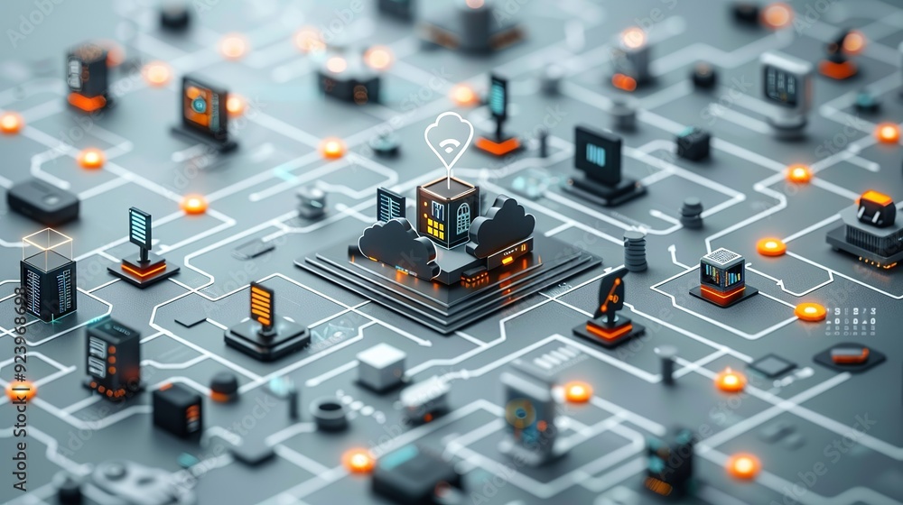 Poster IT infrastructure and digital transformation design featuring network management, cloud storage, and modern tech applications, perfect for illustrating business and technology solutions. high