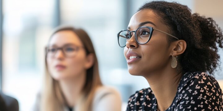 Two educators in a close-up image discussing educational tools in a tech-driven classroom their expressions serious and focused on innovation
